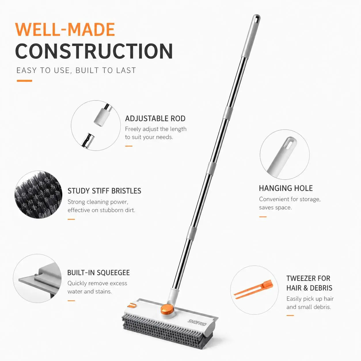 Snofrid Floor Scrub Brush, 3 in 1 Floor Scrub Brush with 54-In Adjustable Long Handle and Scraper Heavy Duty Stiff Bristle Floor Scrubber for Cleaning Shower Bathroom Kitchen Patio Garage Pool Wall and Deck, Orange&White