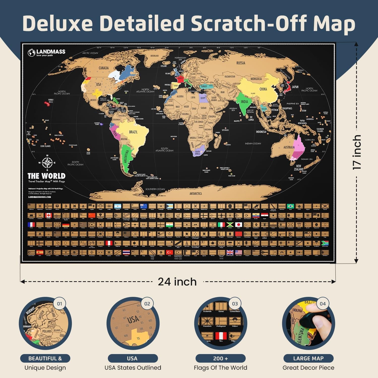 Scratch off World Map, Deluxe Travel Tracker Poster with Flags, Detailed Cartography, Gift Idea for Travelers, Map Lovers, Wall Art, Home or Office Decor, 17X24 Inches